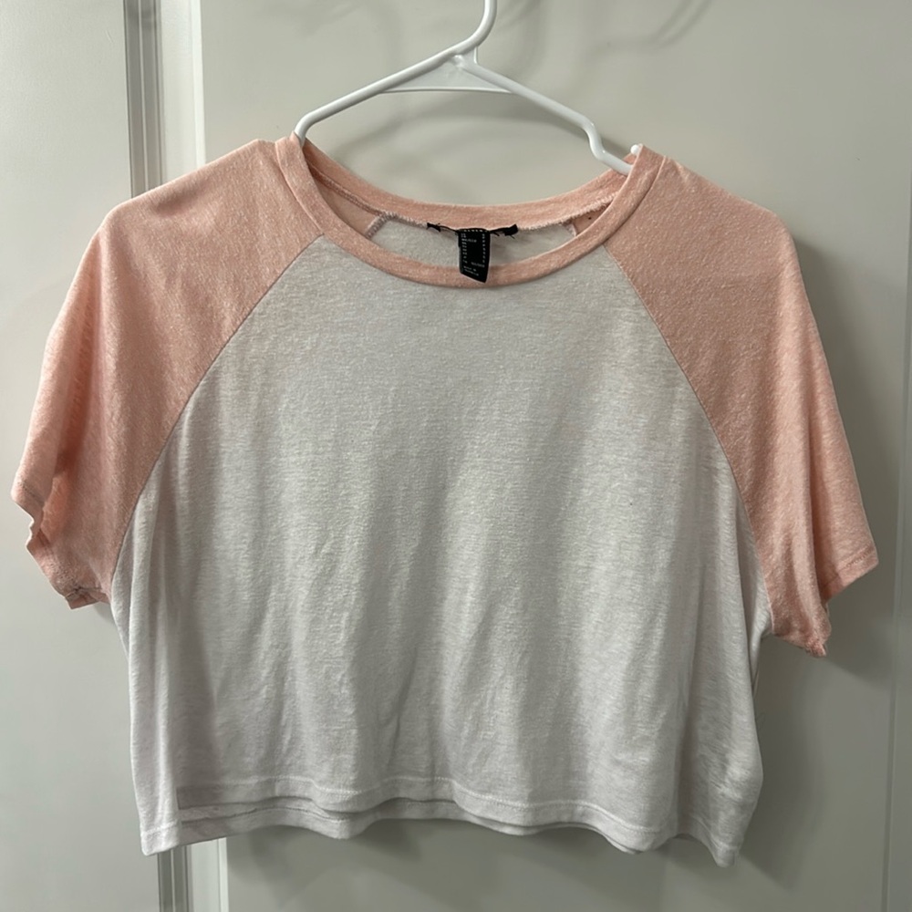Women’s Forever 21 Pink and White Cropped Baseball style Tshirt (Small)